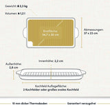 „Bild einer beschichteten Aluguss-Grillplatte mit technischen Daten, die die robuste Bauweise und die antihaftbeschichtete Oberfläche hervorheben.“