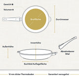 "Bild einer beschichteten Aluguss-Bratpfanne mit technischen Daten, die ihre robuste Bauweise und die antihaftbeschichtete Oberfläche hervorheben."