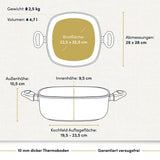 "Ein eckiger, beschichteter Aluguss-Bräter mit technischen Daten, ideal für die Zubereitung verschiedener Gerichte."