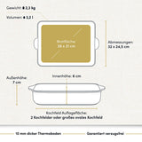 „Beschichtete Aluguss-Bratreine in Form einer Auflaufform, ideal für das Backen und Braten. Die technischen Daten sind nicht angegeben.“