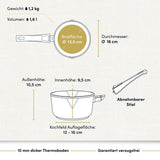 "Bild eines beschichteten Aluguss-Milchtopfs mit technischen Daten, der die robuste Konstruktion und die antihaftbeschichtete Oberfläche zeigt."
