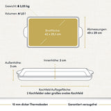 "Bild einer beschichteten Aluguss-Teppanyakiplatte mit technischen Daten. Die Platte ist mit einer langlebigen Beschichtung versehen und verfügt über stabile Seitengriffe für einfachen Transport und Handhabung."