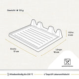 Die technischen Daten der Löffelablage aus der Hoffmann Selection umfassen hitzebeständiges Material, kompakte Maße, rutschfeste Unterseite und einfache Reinigung – perfekt für sauberes und praktisches Arbeiten in der Küche.